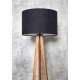 Wysoka lampa stojąca na trzech nogach z litego drewna dębowego, wykończona czarnym welurowym abażurem